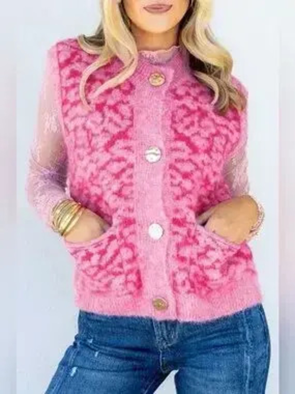 Leopard Button-Down Fuzzy Sweater Vest - Picture 3 of 9